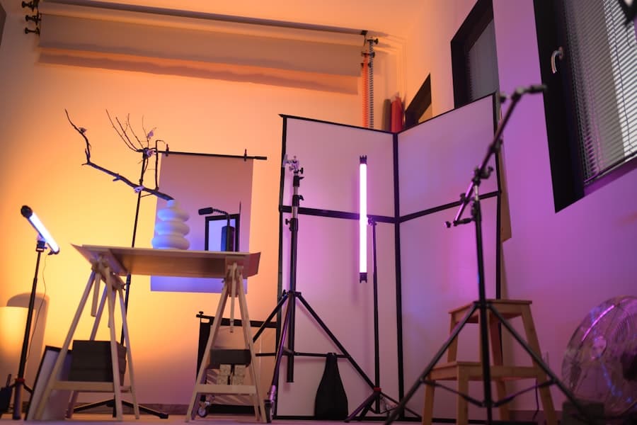 A set lit with coloured tube lights